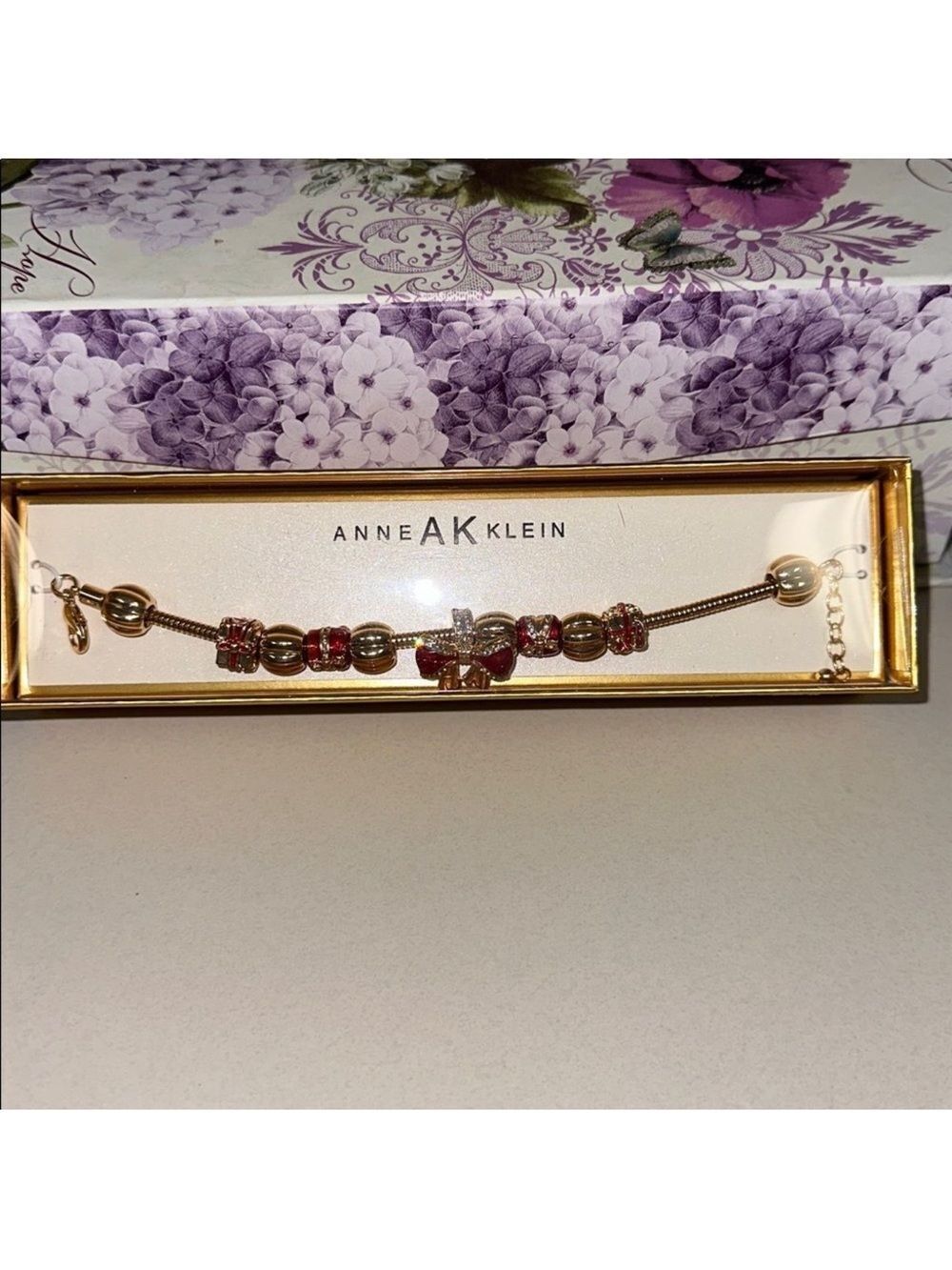Anne Klein Gold Tone Red Cleat Rhinestones Christmas Holiday Charm Bracelet